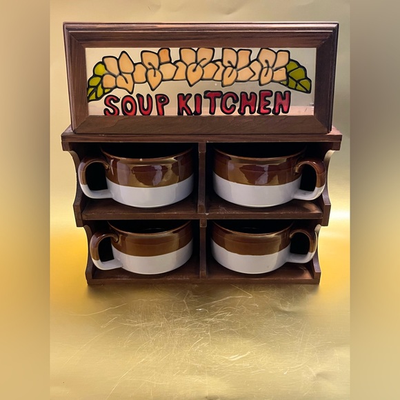 Other - Vtg Wood & Stain Glass SOUP KITCHEN Rack 4 Brown Tan Stew Coffee Stoneware Mugs